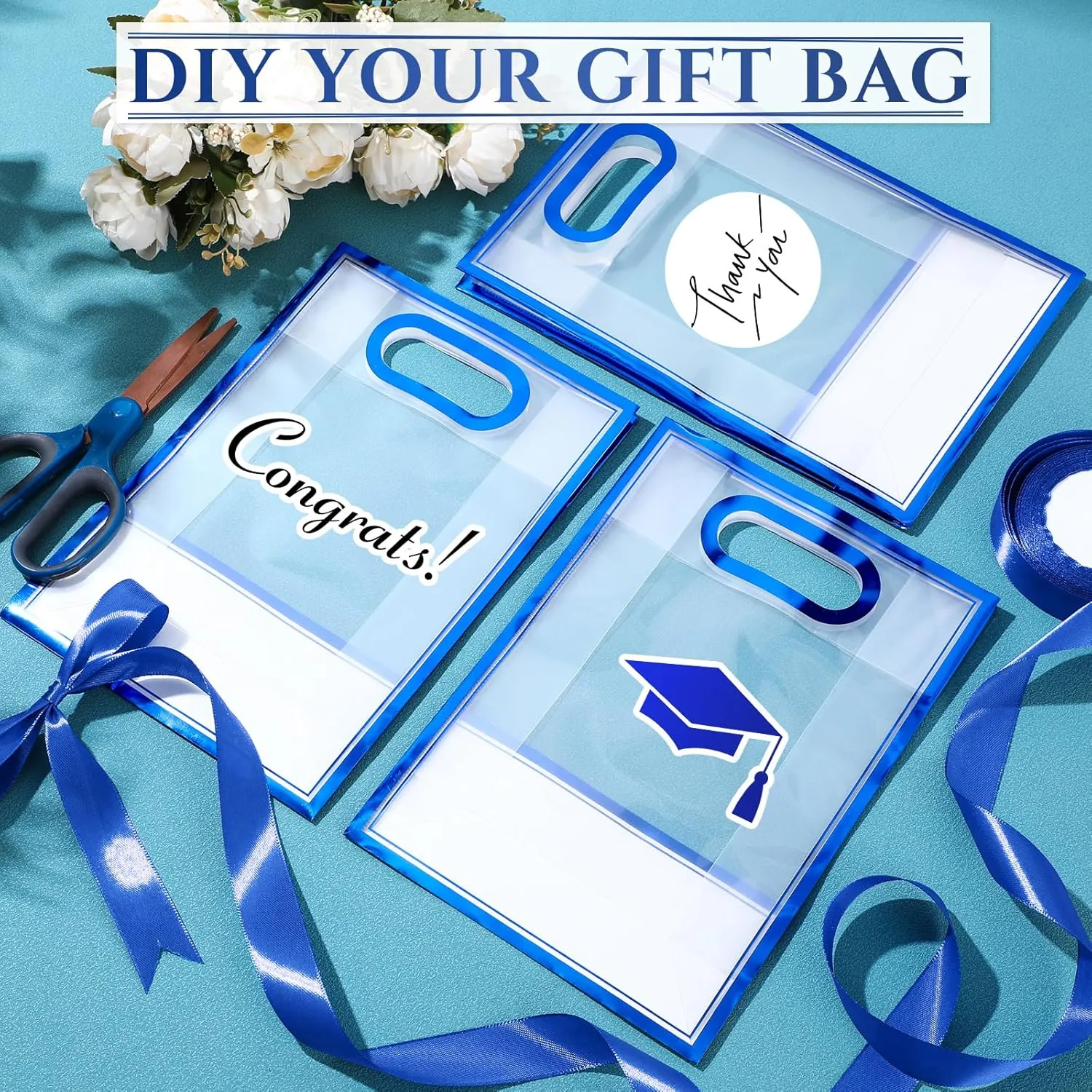Aliceset 12 Pcs Clear Plastic Gift Bag with Die Cut Handles Graduation Reusable PP Flower Bag with Ribbon for Wedding Bridal Birthday Baby Shower Party Business, 7x10x3.15 Inch (Royal Blue)
