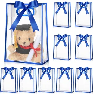 Aliceset 12 Pcs Clear Plastic Gift Bag with Die Cut Handles Graduation Reusable PP Flower Bag with Ribbon for Wedding Bridal Birthday Baby Shower Party Business, 7x10x3.15 Inch (Royal Blue)