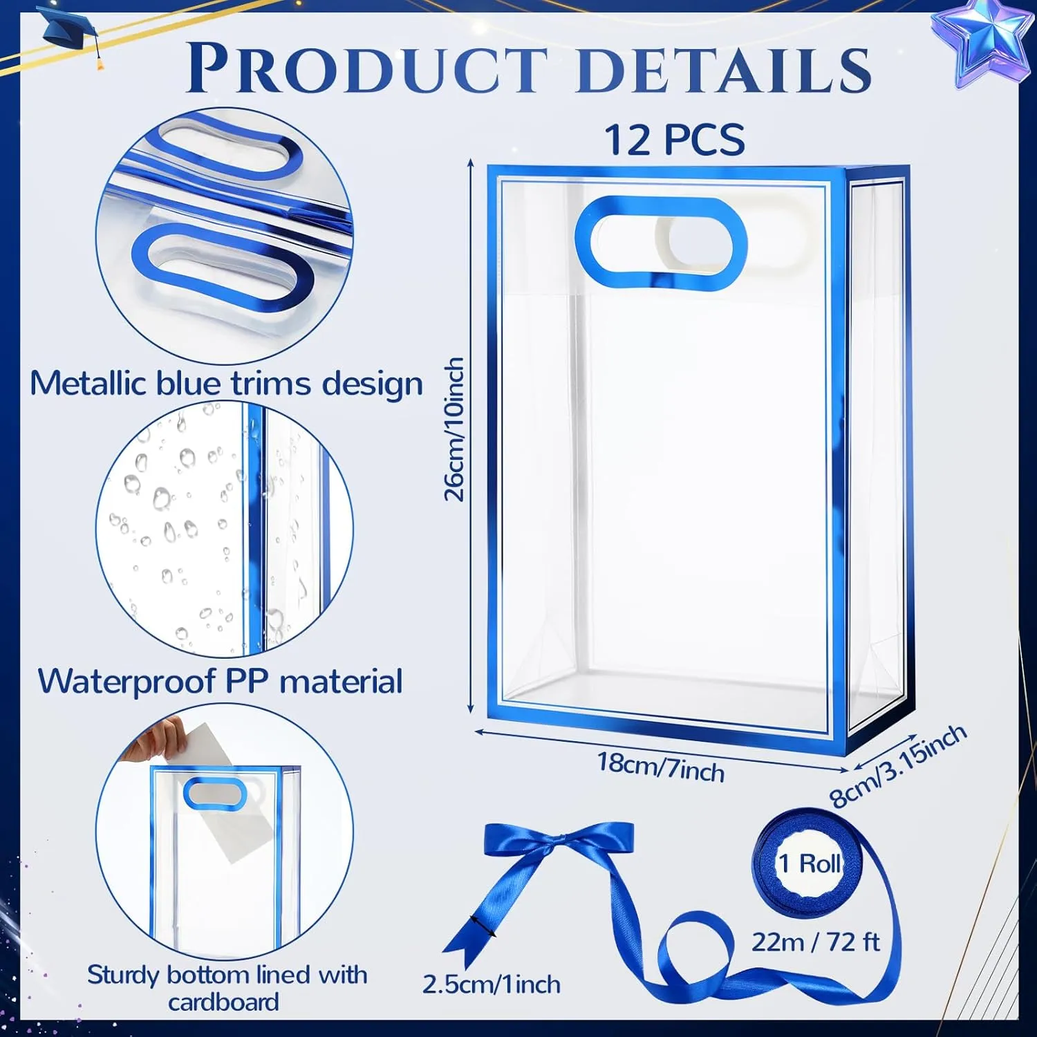 Aliceset 12 Pcs Clear Plastic Gift Bag with Die Cut Handles Graduation Reusable PP Flower Bag with Ribbon for Wedding Bridal Birthday Baby Shower Party Business, 7x10x3.15 Inch (Royal Blue)