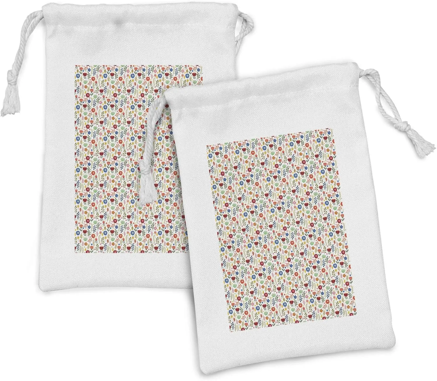 Ambesonne Botanical Fabric Pouch Set of 2, Nature Inspired Ornamental Arrangement with Blossoms and Shrubs Fresh Flourish, Small Drawstring Bag for Toiletries Masks and Favors, 9" x 6", Multicolor