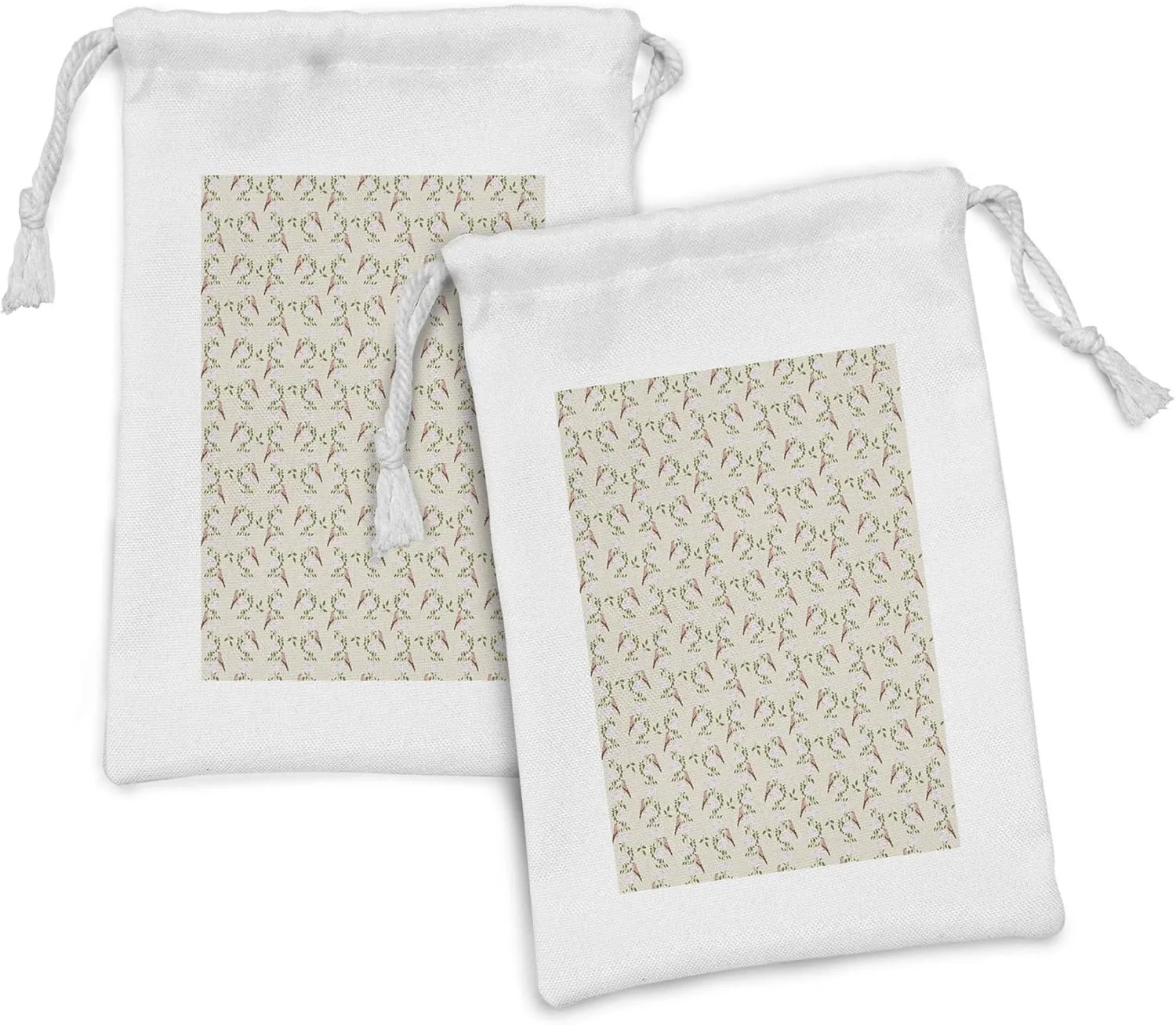 Ambesonne Botanical Fabric Pouch Set of 2, Ornamental Hortensia and Birds Composition, Small Drawstring Bag for Toiletries Masks and Favors, 9" x 6", Eggshell Pale Redwood