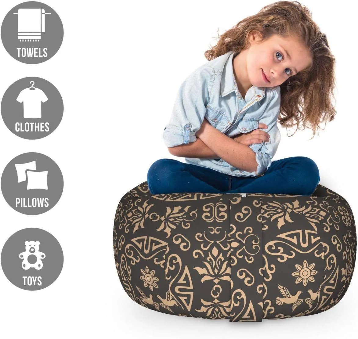 Ambesonne Classical Storage Toy Bag Chair, Oriental Rounds Curves with Pigeons and Ornamental Floral Motifs Repetition, Stuffed Animal Organizer Washable Bag, Small Size, Dark Sepia Tan
