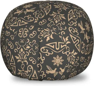 Ambesonne Classical Storage Toy Bag Chair, Oriental Rounds Curves with Pigeons and Ornamental Floral Motifs Repetition, Stuffed Animal Organizer Washable Bag, Small Size, Dark Sepia Tan
