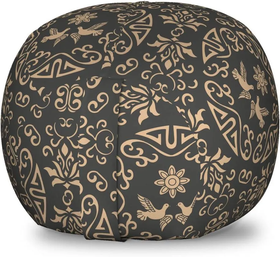 Ambesonne Classical Storage Toy Bag Chair, Oriental Rounds Curves with Pigeons and Ornamental Floral Motifs Repetition, Stuffed Animal Organizer Washable Bag, Small Size, Dark Sepia Tan
