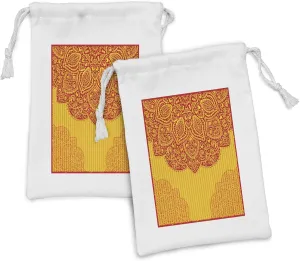 Ambesonne Ethnic Fabric Pouch Set of 2, Abstract Floral Ornamental Framework Detail Grunge Background Traditional Design, Small Drawstring Bag for Toiletries Masks and Favors, 9" x 6", Red Yellow