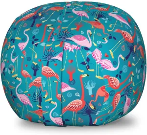 Ambesonne Flamingo Storage Toy Bag Chair, Colorful Interpretation of Animals and Heart Leaves Swirls Motifs Ornamental, Stuffed Animal Organizer Washable Bag, Small Size, Multicolor