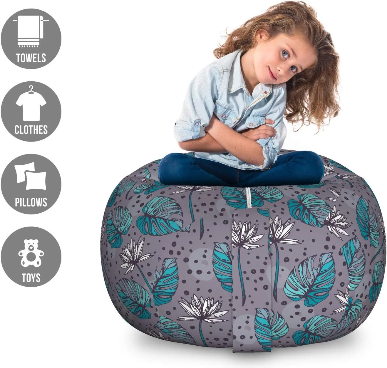 Ambesonne Floral Storage Toy Bag Chair, Graphical Interpretation of Ornamental Nature Scene Petals Lilies Dots, Stuffed Animal Organizer Washable Bag, Large Size, Pale Eggplant Sea Blue