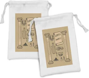 Ambesonne Greek Fabric Pouch Set of 2, Ornamental Civilization Pillars Pots Wreath and Food Theme Party Design, Small Drawstring Bag for Toiletries Masks and Favors, 9" x 6", Tan and Beige
