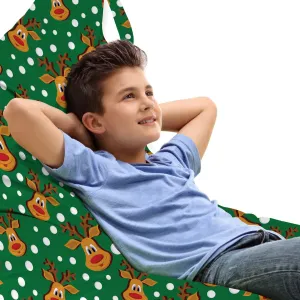 Ambesonne Green Xmas Lounger Chair Bag, Ornamental Cartoon Winter Deer Heads Pattern and Snowflake Dots, High Capacity Storage with Handle Container, Lounger Size, Vermilion Amber and White