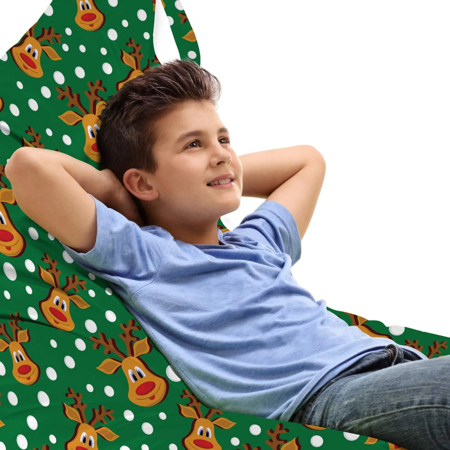 Ambesonne Green Xmas Lounger Chair Bag, Ornamental Cartoon Winter Deer Heads Pattern and Snowflake Dots, High Capacity Storage with Handle Container, Lounger Size, Vermilion Amber and White