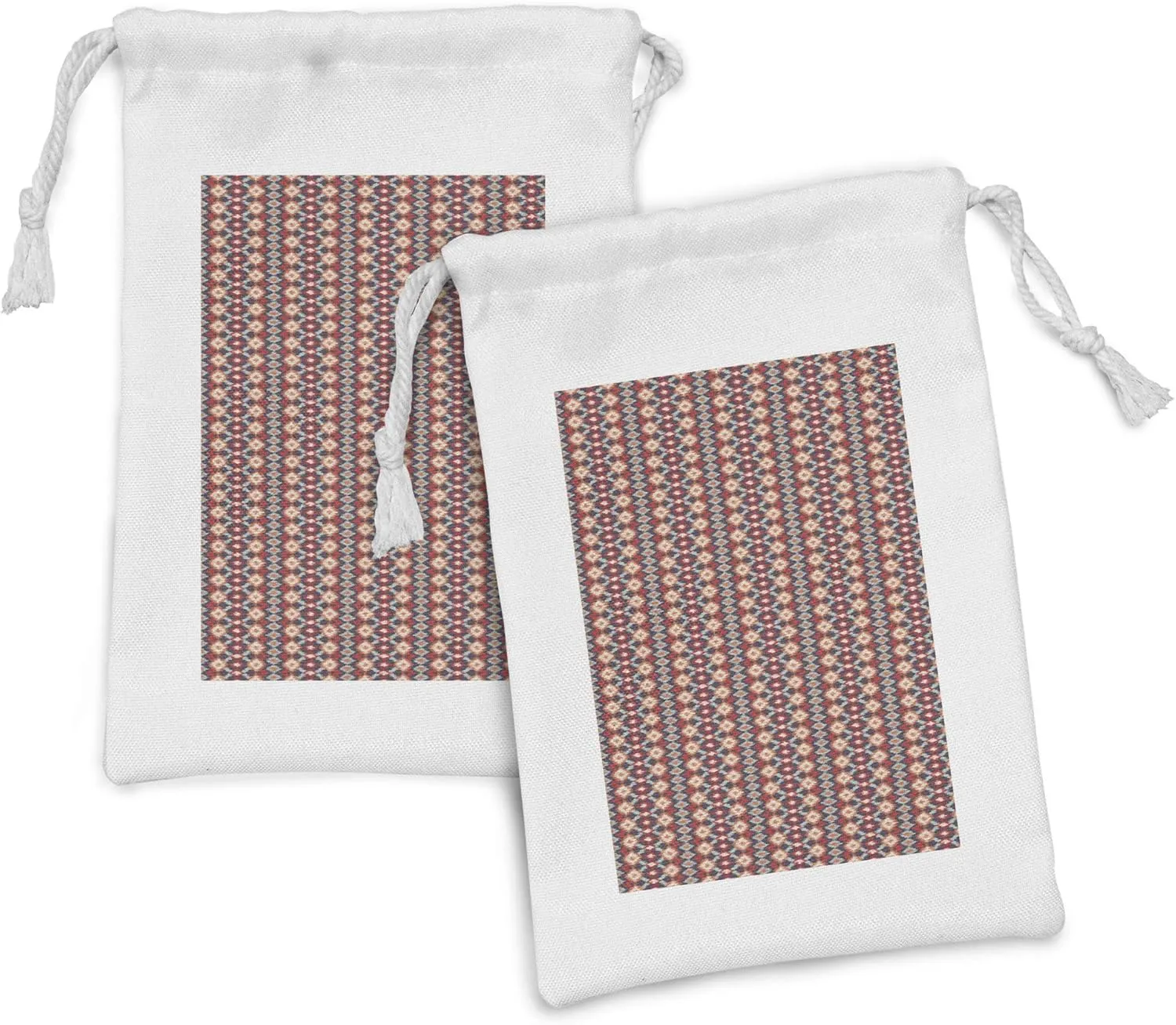 Ambesonne Ikat Fabric Pouch Set of 2, Indigenous Civilizations Ornamental Abstract Rhombus and Lines, Small Drawstring Bag for Toiletries Masks and Favors, 9" x 6", Vermilion Orange Seafoam
