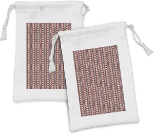 Ambesonne Ikat Fabric Pouch Set of 2, Indigenous Civilizations Ornamental Abstract Rhombus and Lines, Small Drawstring Bag for Toiletries Masks and Favors, 9" x 6", Vermilion Orange Seafoam