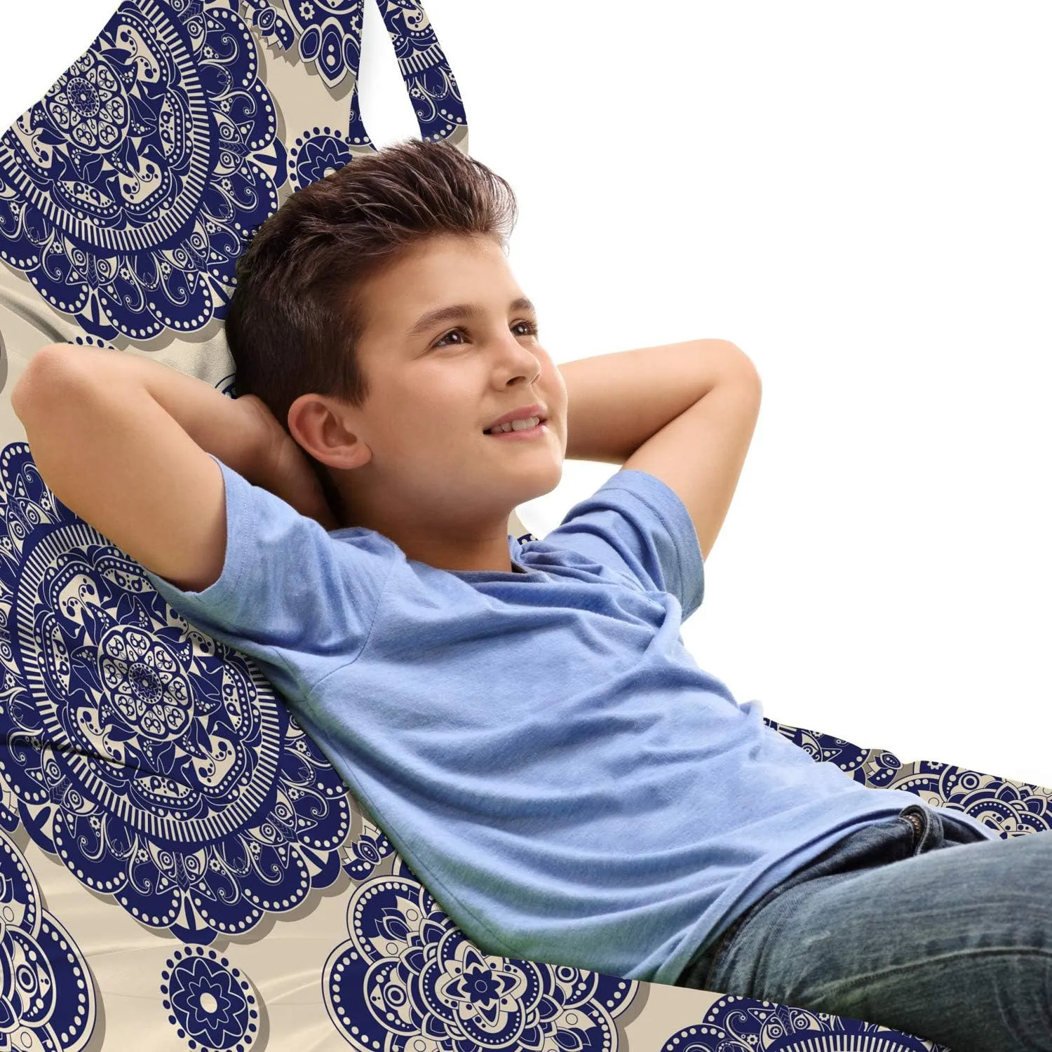 Ambesonne Mandala Lounger Chair Bag, Ornamental Flower Pattern Shadow Effect Royal Retro Revival Medieval Exotic, High Capacity Storage with Handle Container, Lounger Size, Beige Navy Blue