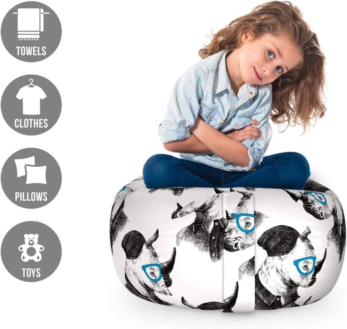 Ambesonne Storage Toy Bag Chair, Hipster Portrait with Shirt Hat Glasses Ornamental Character, Stuffed Animal Organizer Washable Bag, Small Size, Blue Charcoal