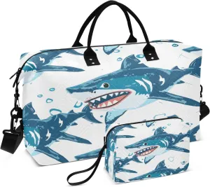 Angry Shark Blue Travel Duffel Bags with Toiletry Bag for Travel Gym Yoga Weekender Bag
