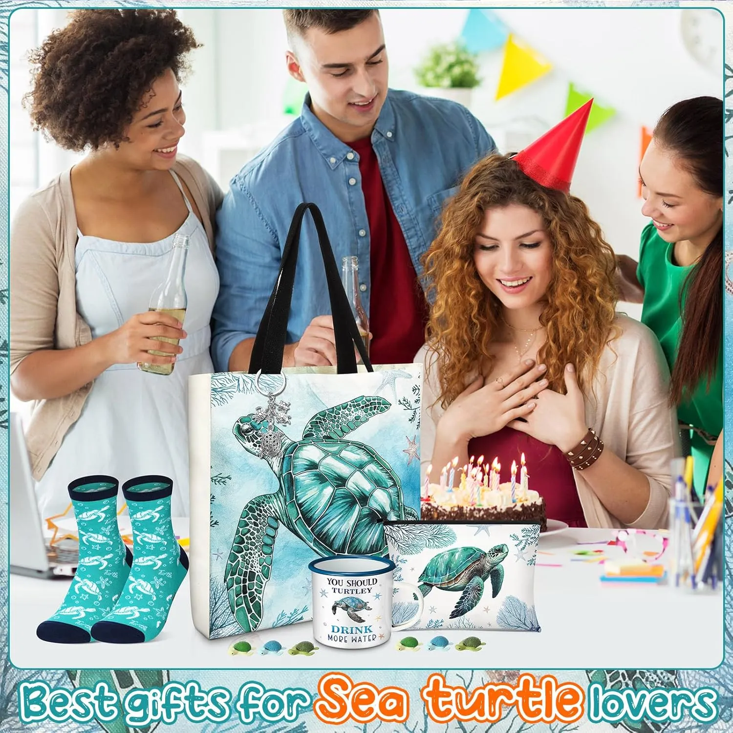 Animal Lover Gifts for Women Mother's Day Animal Themed Gifts for Mom Include Canvas Tote Bag, Makeup Bag, Socks, Keychain, Enamel Mug, Small Figurines(Sea Turtle)