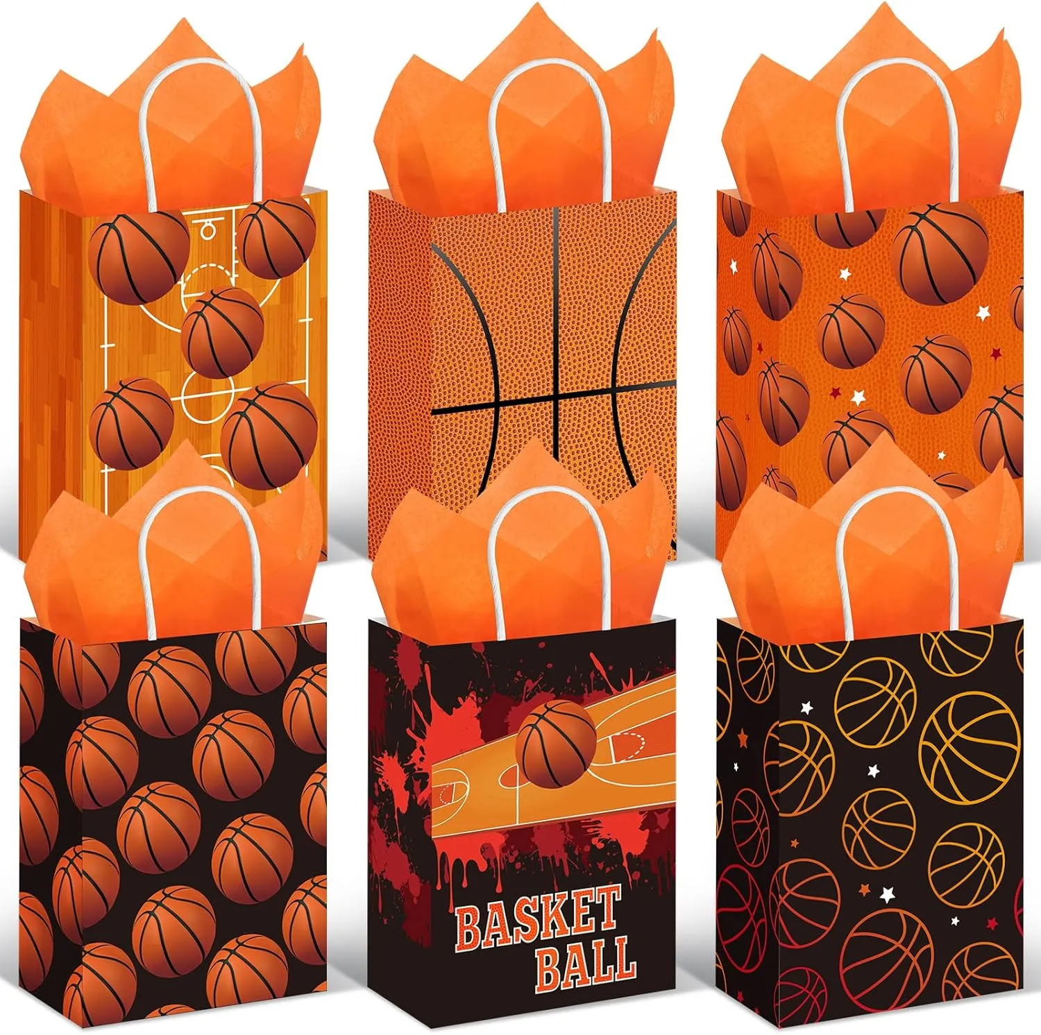 Aoriher 24 Pcs Sports Party Favors Bags with Tissue Paper, Basketball Soccer Baseball Football Candy Treats Bags, Sports Ball Goodie Gift Bag for Birthday Party Supplies Kids Boys Girls (Basketball)
