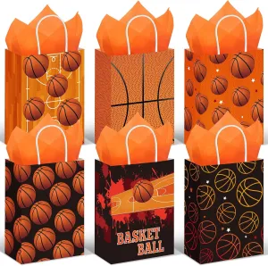 Aoriher 24 Pcs Sports Party Favors Bags with Tissue Paper, Basketball Soccer Baseball Football Candy Treats Bags, Sports Ball Goodie Gift Bag for Birthday Party Supplies Kids Boys Girls (Basketball)