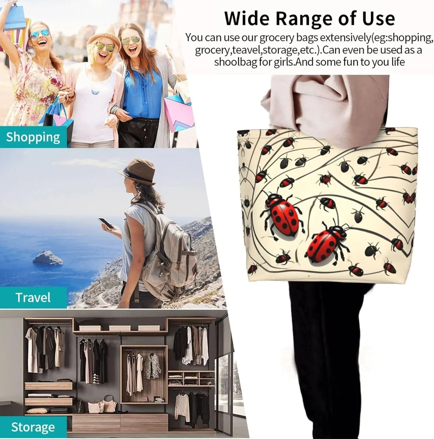Baby Blue Heart Print Shoulder Bag For Women Shopping Bags Tote Bag Large Storage Handbag Grocery Bags For Travel Work