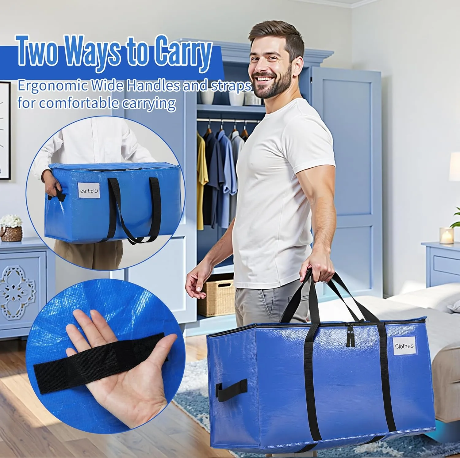 BAGAIL Heavy Duty Moving Bags with Strong Handle, Extra Large Moving Boxes, Storage Tote for Clothes, College Moving Supplies(Blue, 4 Pack)