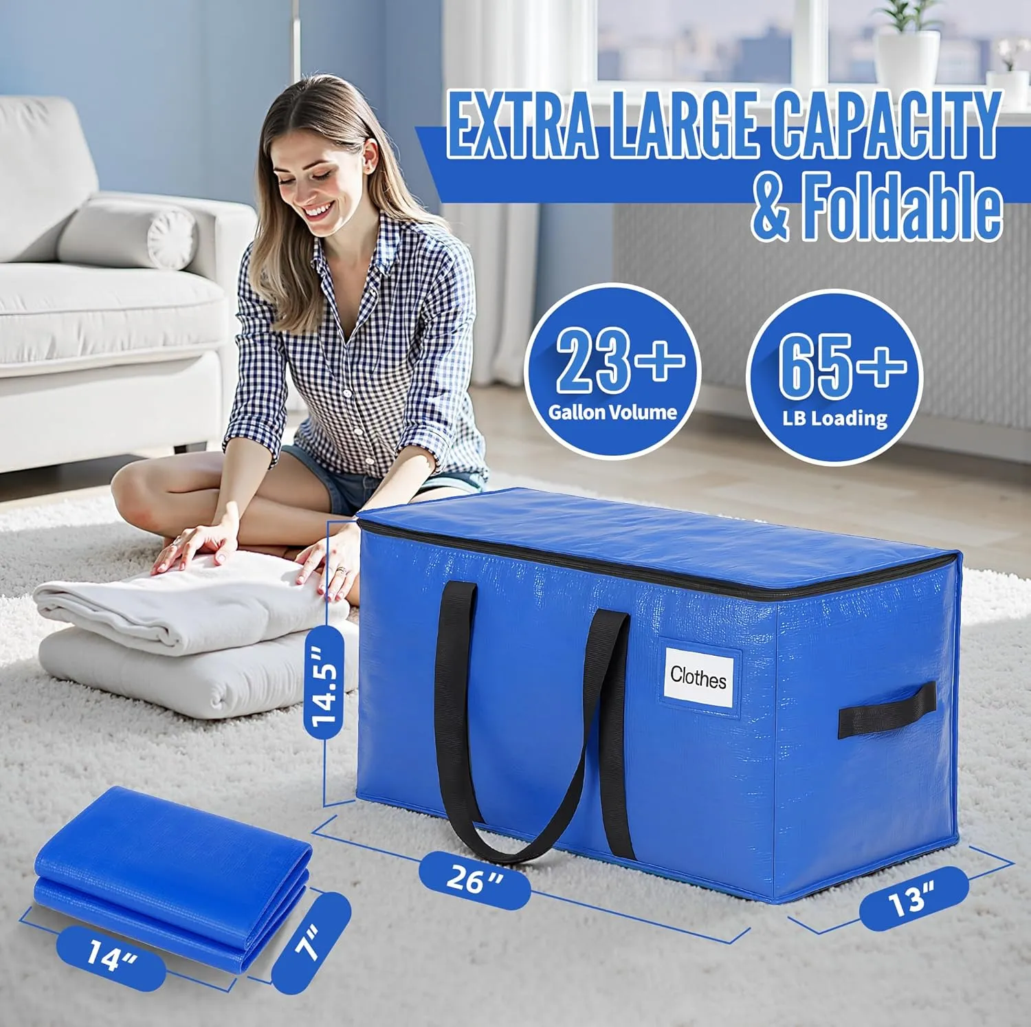 BAGAIL Heavy Duty Moving Bags with Strong Handle, Extra Large Moving Boxes, Storage Tote for Clothes, College Moving Supplies(Blue, 4 Pack)