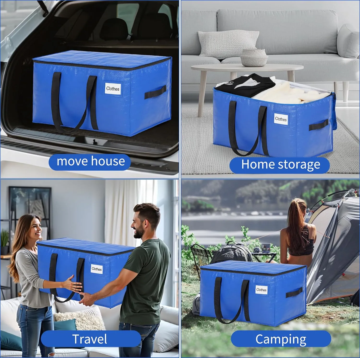 BAGAIL Heavy Duty Moving Bags with Strong Handle, Extra Large Moving Boxes, Storage Tote for Clothes, College Moving Supplies(Blue, 4 Pack)