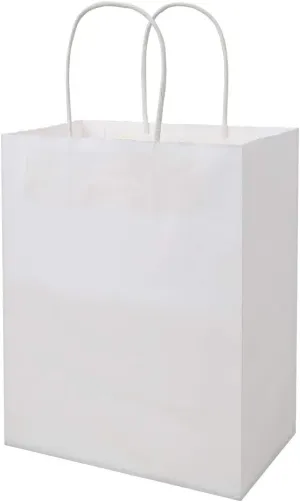 bagmad 100 Pack Sturdy Medium White Kraft Paper Bags with Handles Bulk, Thicken Gift Bags 8x4.75x10 Inch, Craft Grocery Shopping Retail Party Favors Wedding Business Sacks (White, 100pcs)