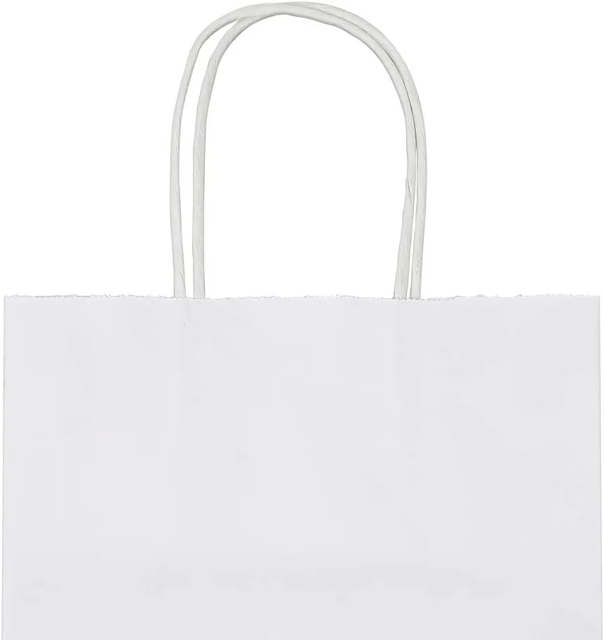 bagmad 100 Pack Sturdy Medium White Kraft Paper Bags with Handles Bulk, Thicken Gift Bags 8x4.75x10 Inch, Craft Grocery Shopping Retail Party Favors Wedding Business Sacks (White, 100pcs)