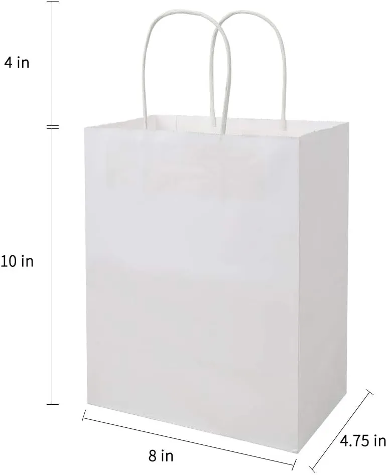 bagmad 100 Pack Sturdy Medium White Kraft Paper Bags with Handles Bulk, Thicken Gift Bags 8x4.75x10 Inch, Craft Grocery Shopping Retail Party Favors Wedding Business Sacks (White, 100pcs)