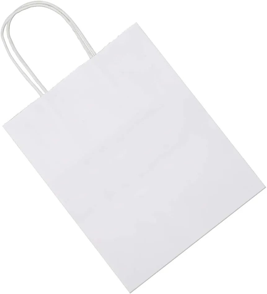 bagmad 100 Pack Sturdy Medium White Kraft Paper Bags with Handles Bulk, Thicken Gift Bags 8x4.75x10 Inch, Craft Grocery Shopping Retail Party Favors Wedding Business Sacks (White, 100pcs)