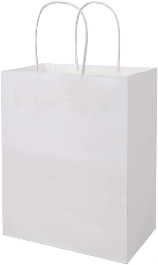 bagmad 100 Pack Sturdy Medium White Kraft Paper Bags with Handles Bulk, Thicken Gift Bags 8x4.75x10 Inch, Craft Grocery Shopping Retail Party Favors Wedding Business Sacks (White, 100pcs)