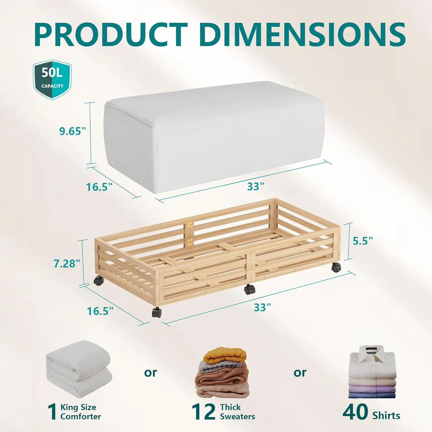 Bamboo Under Bed Storage Containers- Underbed Organizer with Wheels with Large Dust Bag,Sturdy Wood Rolling Under the Bed Shoe Storage Organizer Drawer 2 Packs (Nature, Long)