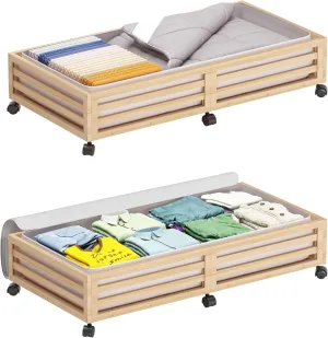 Bamboo Under Bed Storage Containers- Underbed Organizer with Wheels with Large Dust Bag,Sturdy Wood Rolling Under the Bed Shoe Storage Organizer Drawer 2 Packs (Nature, Long)