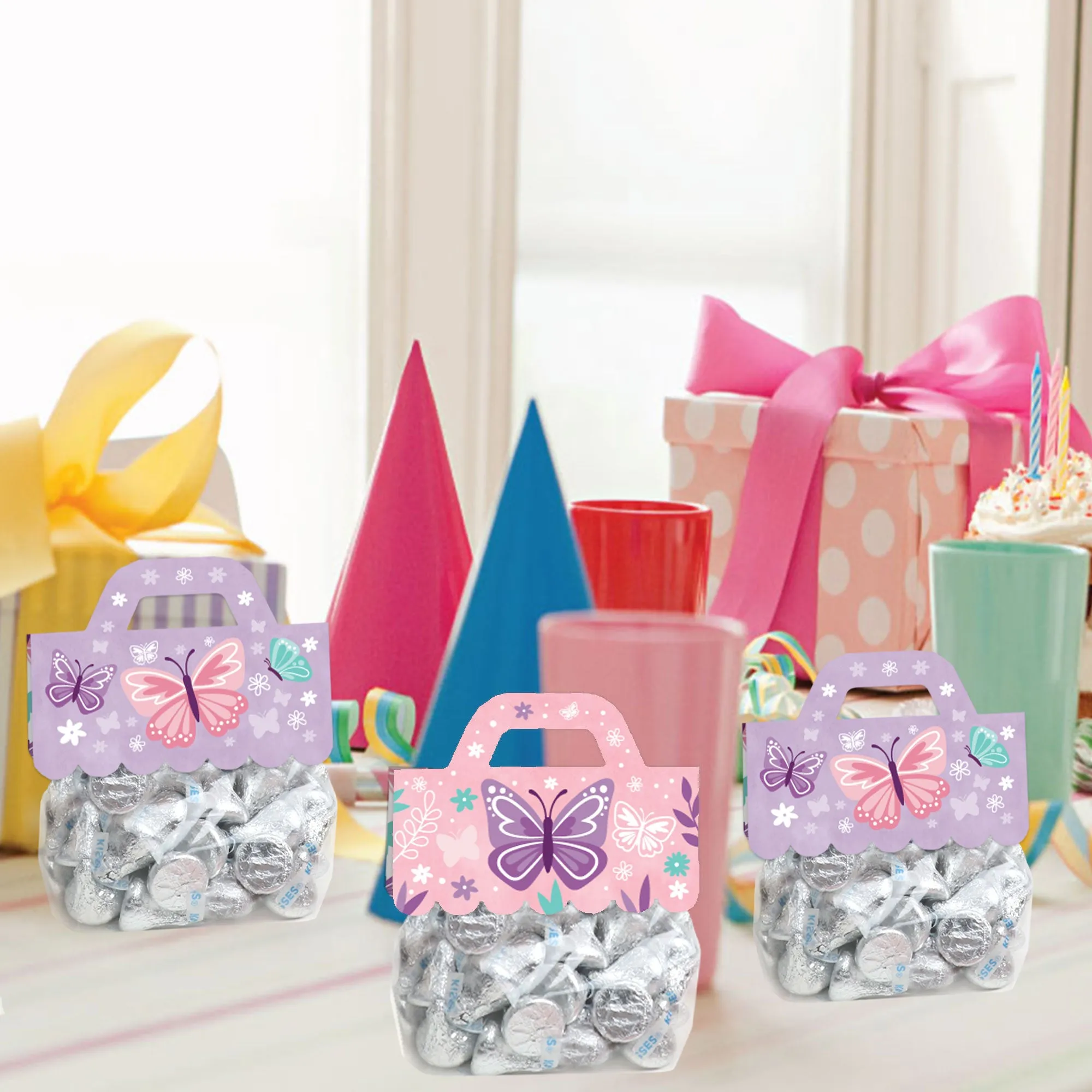 Beautiful Butterfly - DIY Floral Baby Shower or Birthday Party Clear Goodie Favor Bag Labels - Candy Bags with Toppers - Set of 24