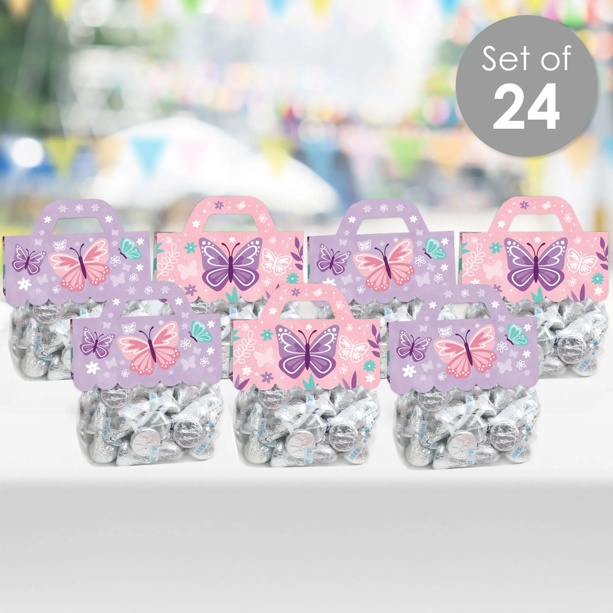 Beautiful Butterfly - DIY Floral Baby Shower or Birthday Party Clear Goodie Favor Bag Labels - Candy Bags with Toppers - Set of 24