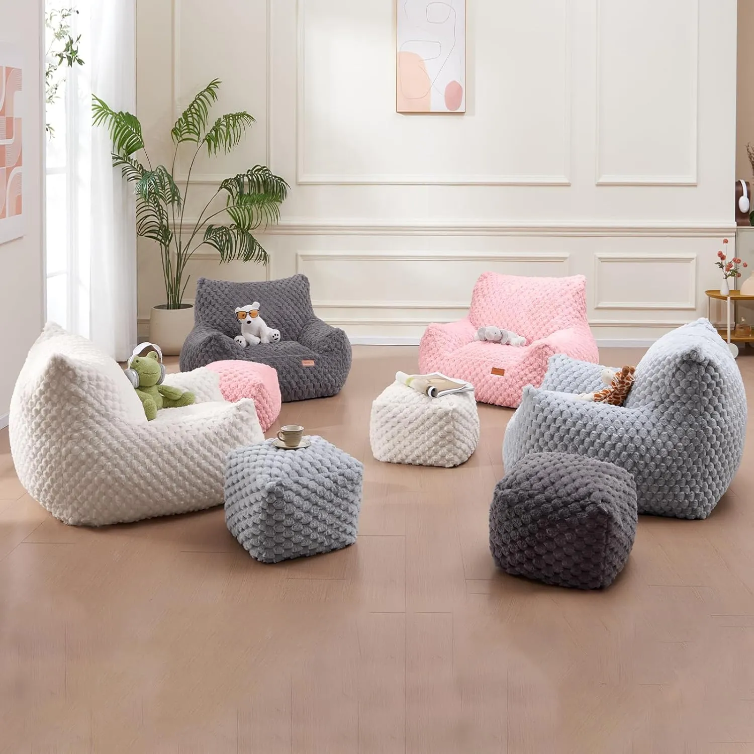 Bedroom Bean Bags Chair with Foot Stool, Comfy Reading Chair with Filler, Soft Faux Fur Pink Bean Bag Chair Lazy Beanbag Chairs for Adults, Gaming Bean Bag Chair