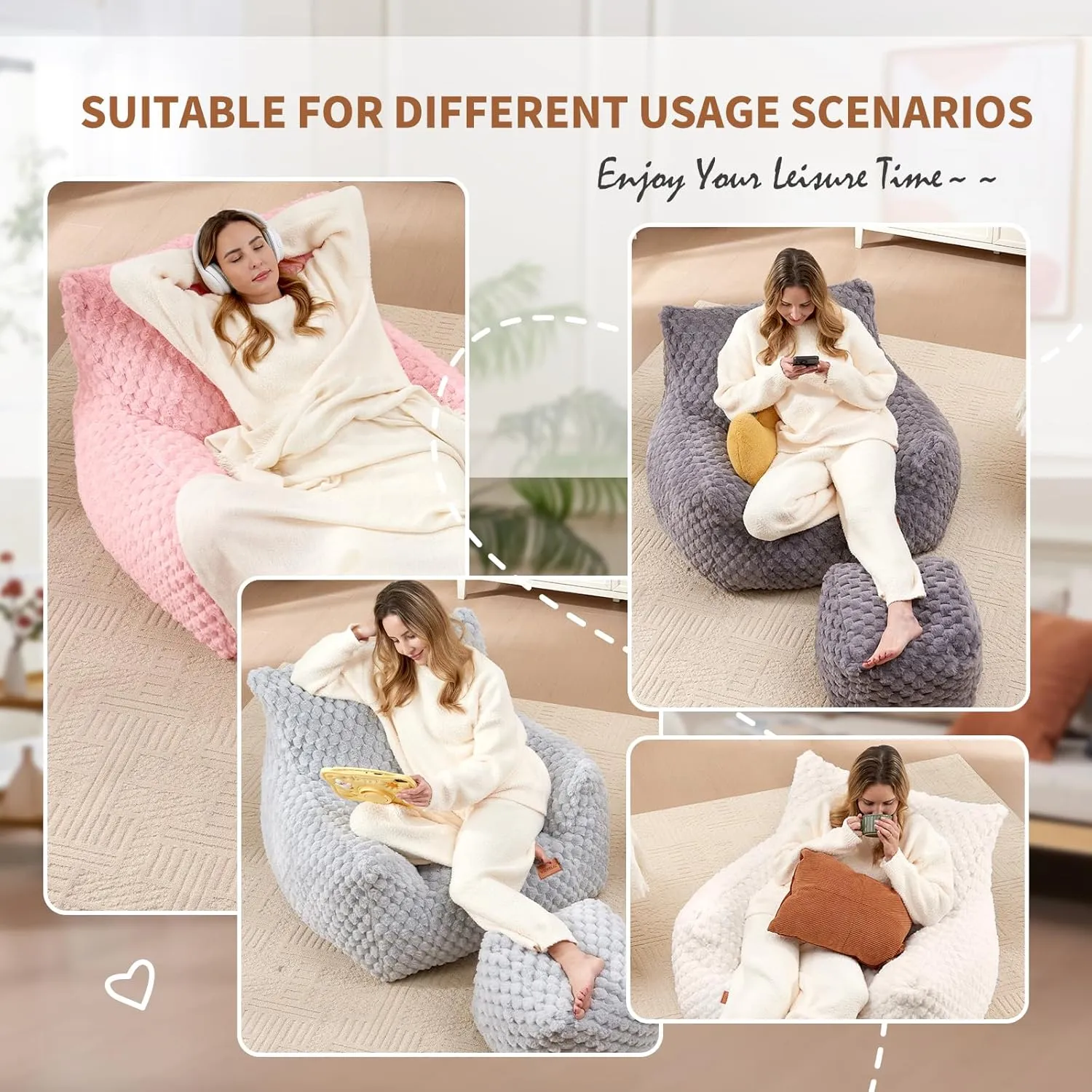 Bedroom Bean Bags Chair with Foot Stool, Comfy Reading Chair with Filler, Soft Faux Fur Pink Bean Bag Chair Lazy Beanbag Chairs for Adults, Gaming Bean Bag Chair