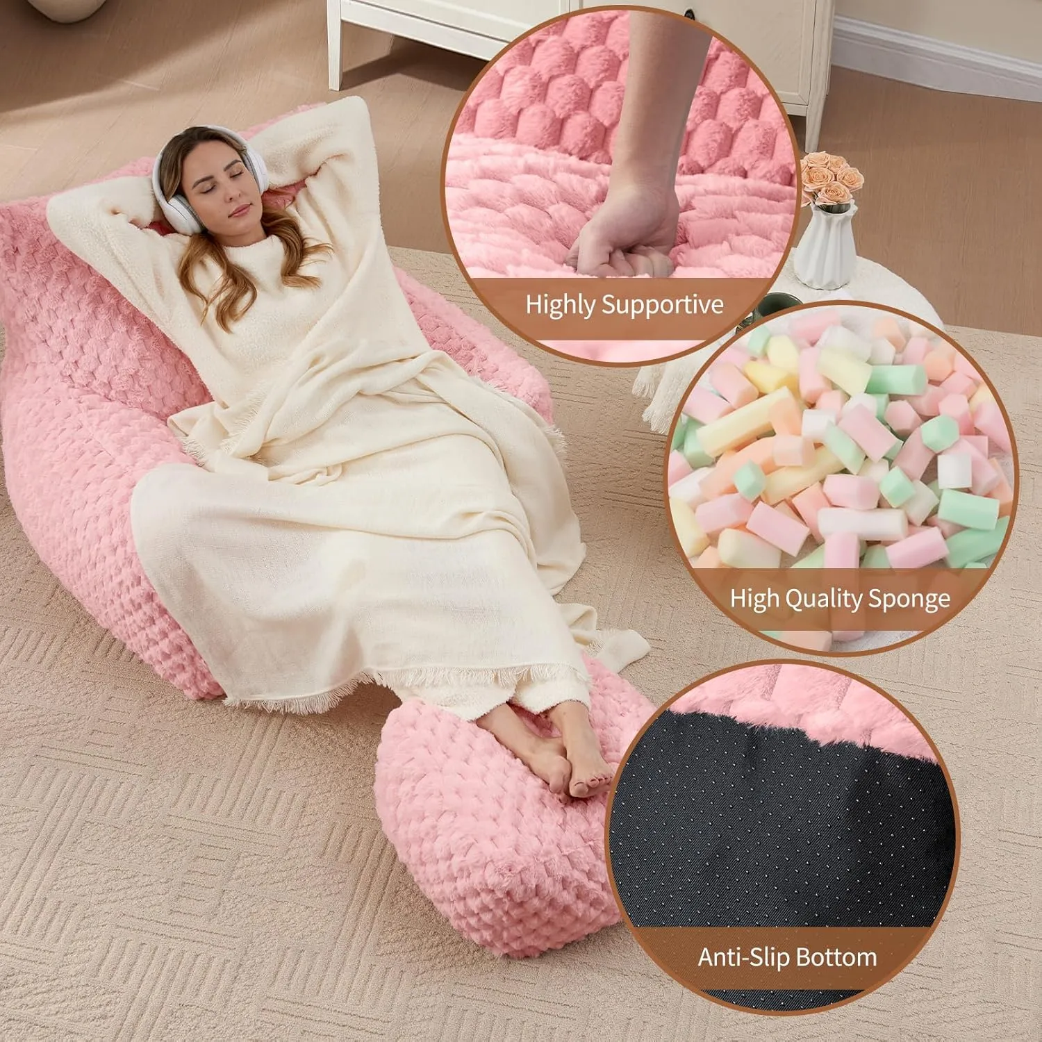 Bedroom Bean Bags Chair with Foot Stool, Comfy Reading Chair with Filler, Soft Faux Fur Pink Bean Bag Chair Lazy Beanbag Chairs for Adults, Gaming Bean Bag Chair