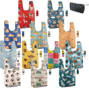 BeeGreen 12 Pack Animal Pattern Reusable Grocery Tote Bags, Large Capacity, Sturdy, Machine Washable, Unisex-Adults, 13"W x 27.5"L x 4.7"D, Animal-red,orange,yellow,blue,green