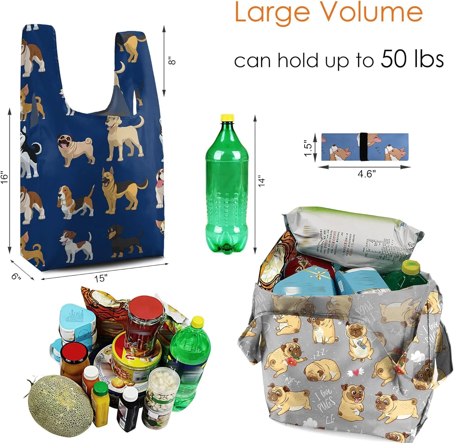 BeeGreen 12 Pack Animal Pattern Reusable Grocery Tote Bags, Large Capacity, Sturdy, Machine Washable, Unisex-Adults, 13"W x 27.5"L x 4.7"D, Animal-red,orange,yellow,blue,green