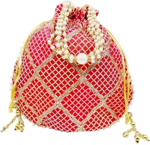BINDNI Embroidered Potli Bag Ladies Drawstring Bag Purse Pouch Indian Handmade Pearl Batwa Gift for Weddings & Parties