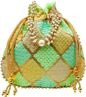 BINDNI Embroidered Potli Bag Ladies Drawstring Bag Purse Pouch Indian Handmade Pearl Batwa Gift for Weddings & Parties