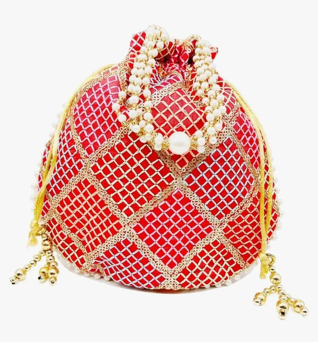 BINDNI Embroidered Potli Bag Ladies Drawstring Bag Purse Pouch Indian Handmade Pearl Batwa Gift for Weddings & Parties