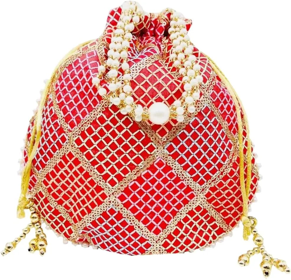BINDNI Embroidered Potli Bag Ladies Drawstring Bag Purse Pouch Indian Handmade Pearl Batwa Gift for Weddings & Parties