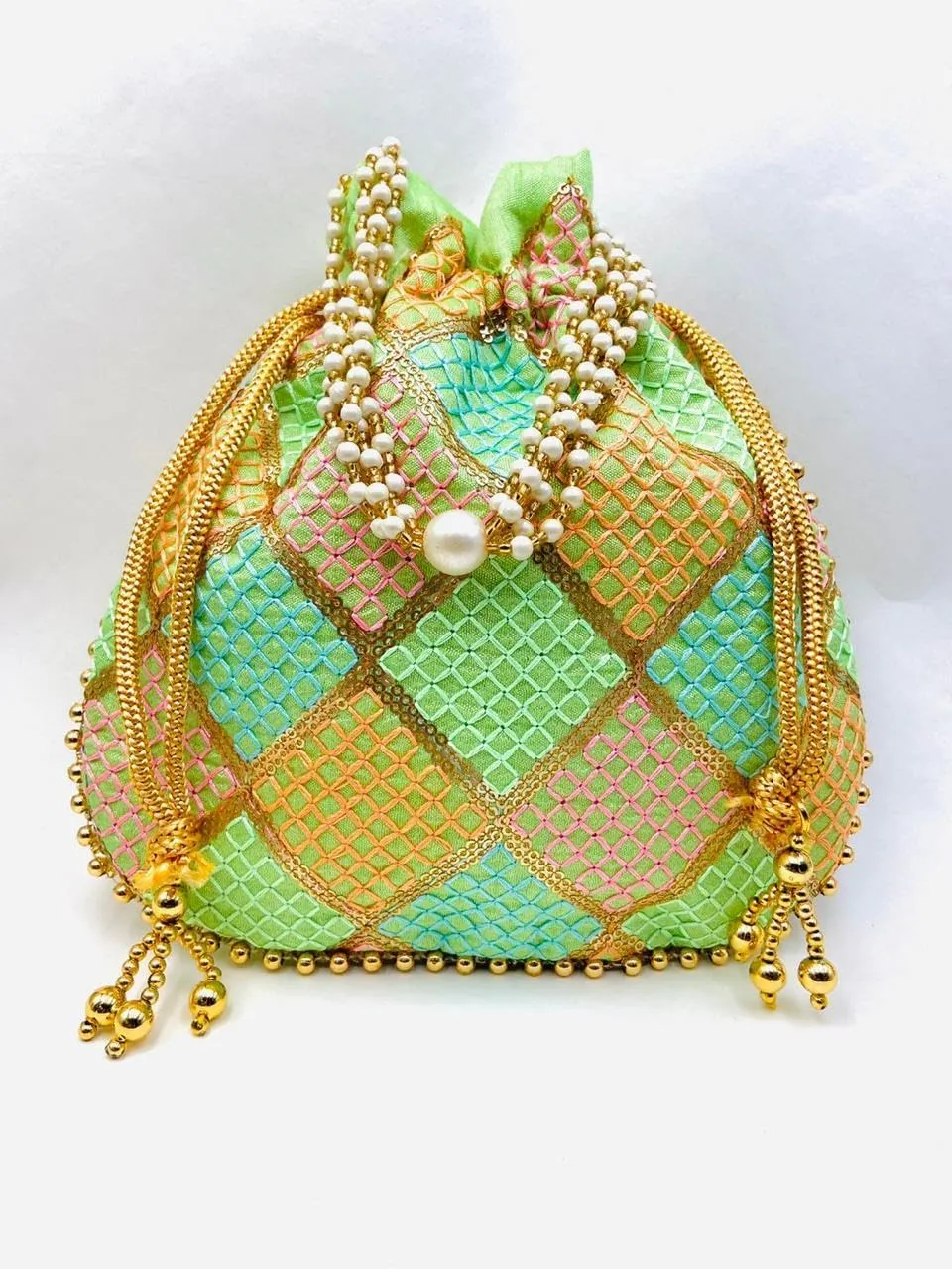 BINDNI Embroidered Potli Bag Ladies Drawstring Bag Purse Pouch Indian Handmade Pearl Batwa Gift for Weddings & Parties