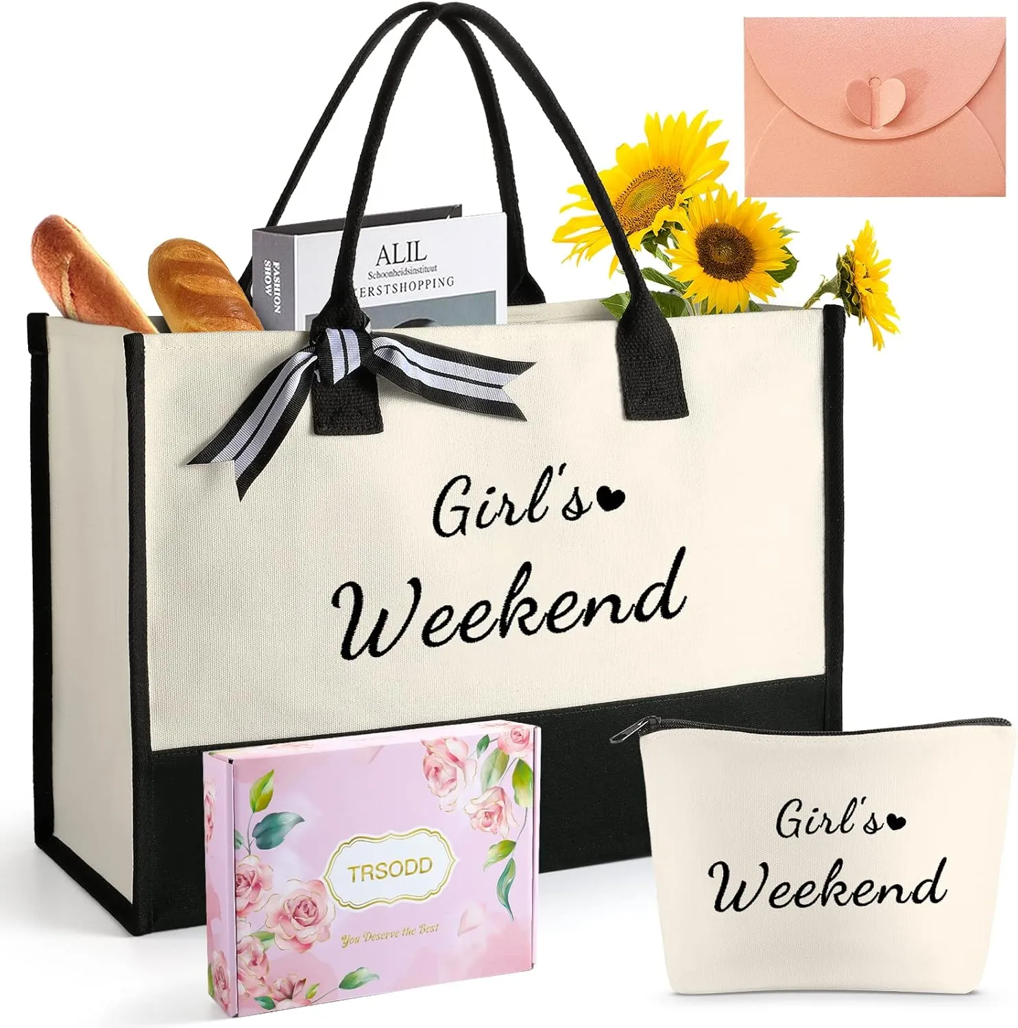 Birthday Gifts for Women Overnight Tote Bag w Makeup Bag Girl's Weekend Personalized Friend Sister Gifts for Beach Travel Getaway Vacation