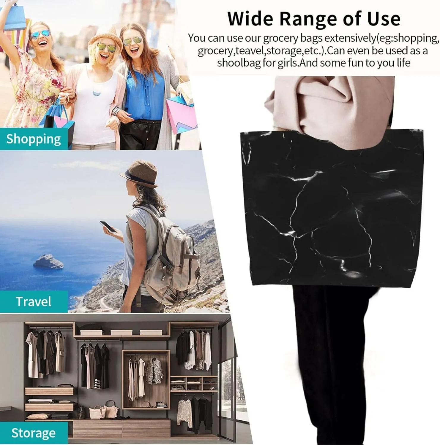 Black White Glitter Print Shoulder Bag For Women Shopping Bags Tote Bag Large Storage Handbag Grocery Bags