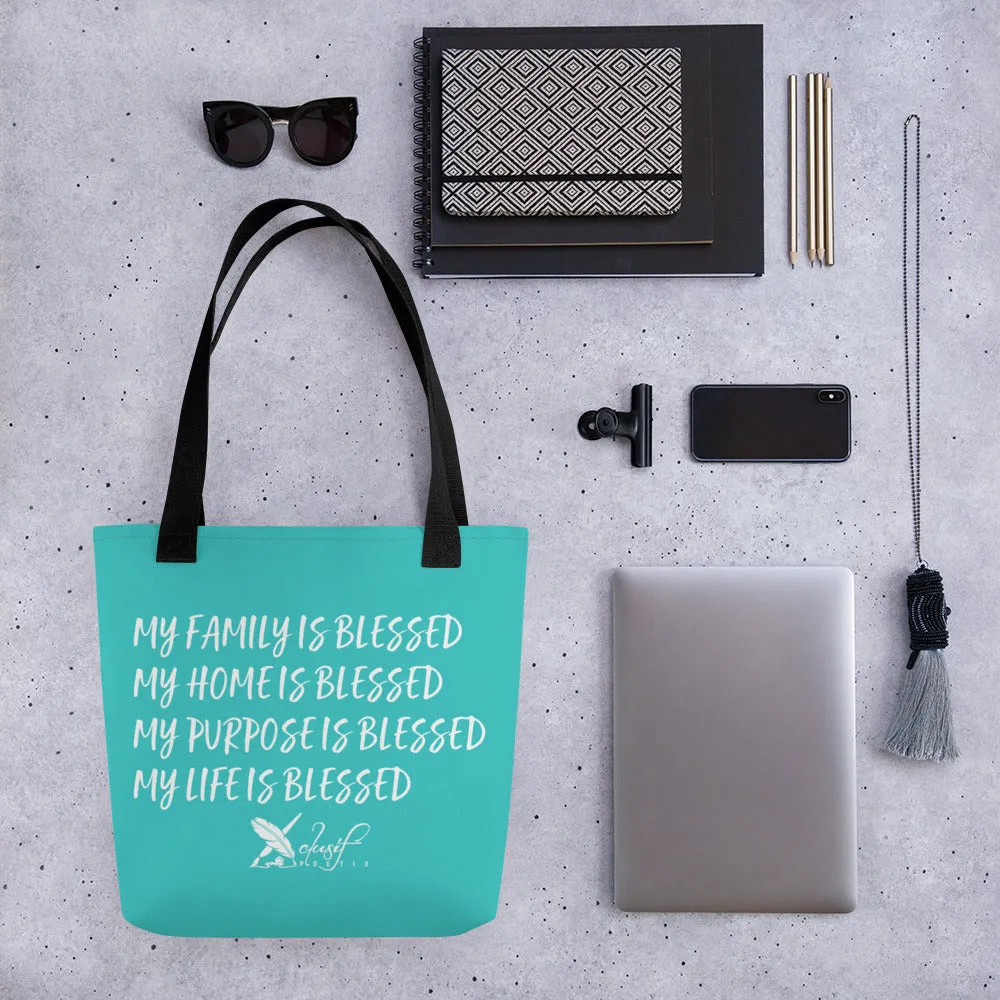 BLESSED BY XCLUSIF POETIX TURQUOISE & WHITE Tote bag