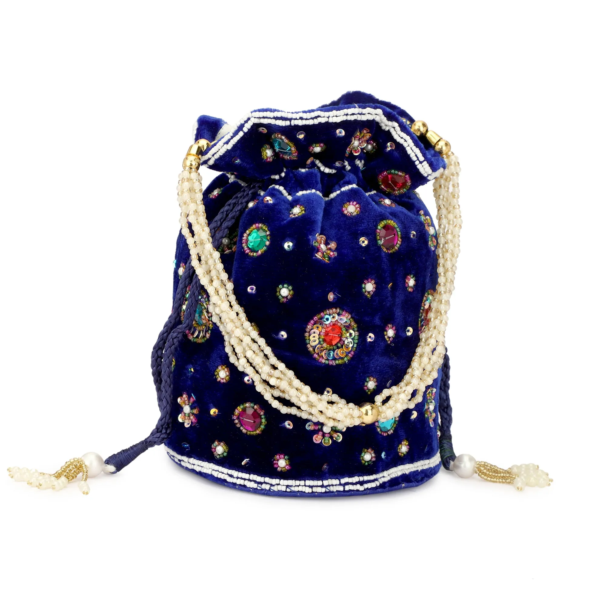 Blue color velvet women potli bag