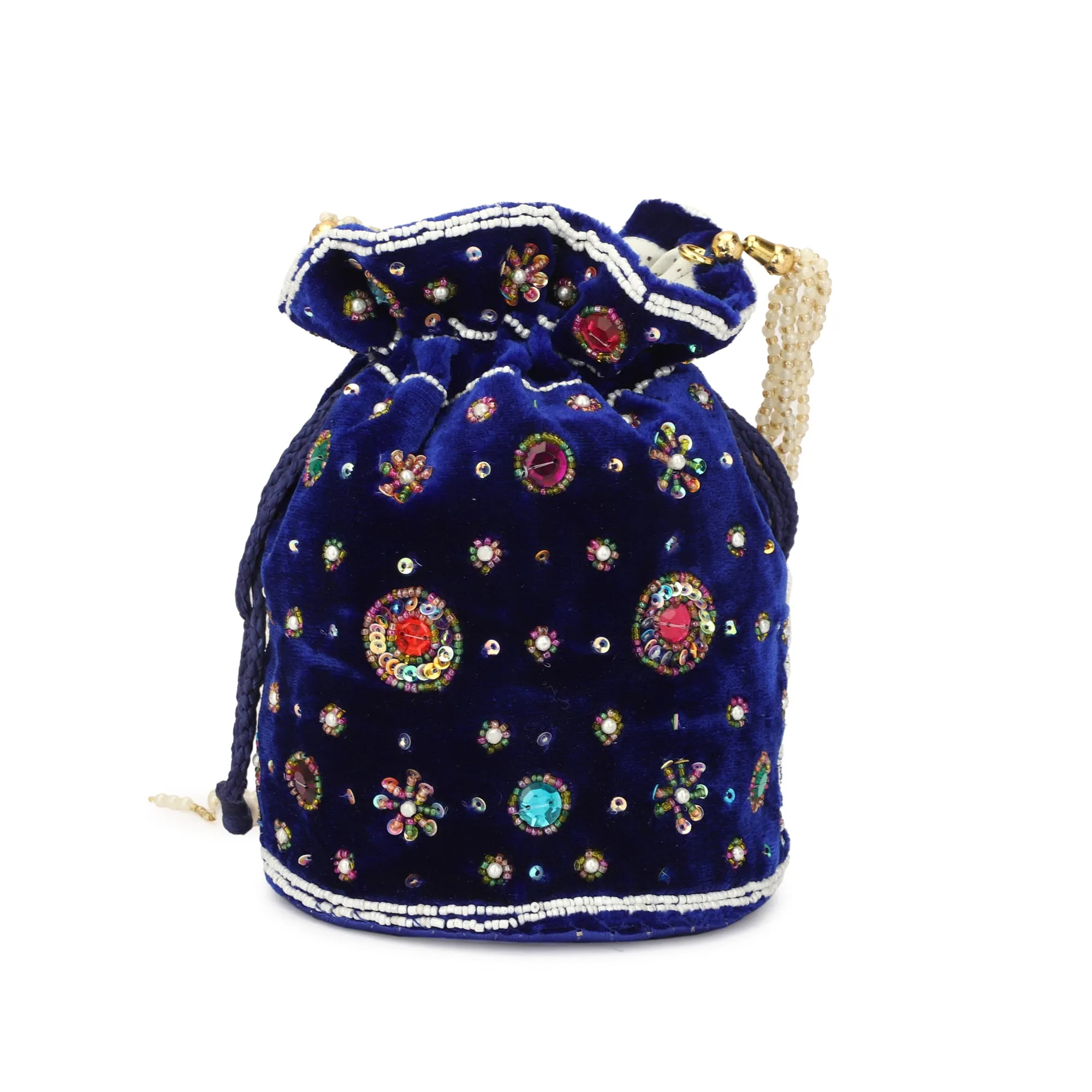 Blue color velvet women potli bag